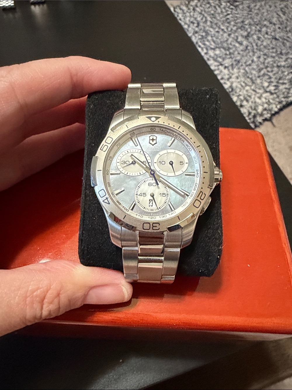 Victorinox Silver Stainless Steel Chronograph with Mother-of-Pearl Dial